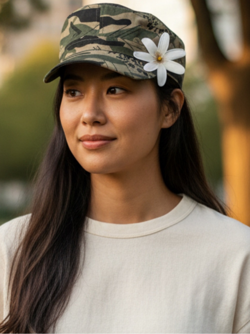 Army style camouflage cap with Tiare flower Hawaiian Hawaii